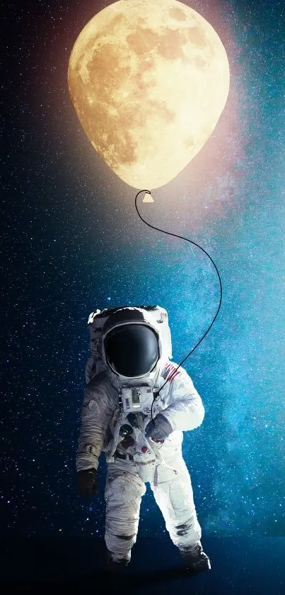 Astronaut holding a moon balloon in a starry sky.