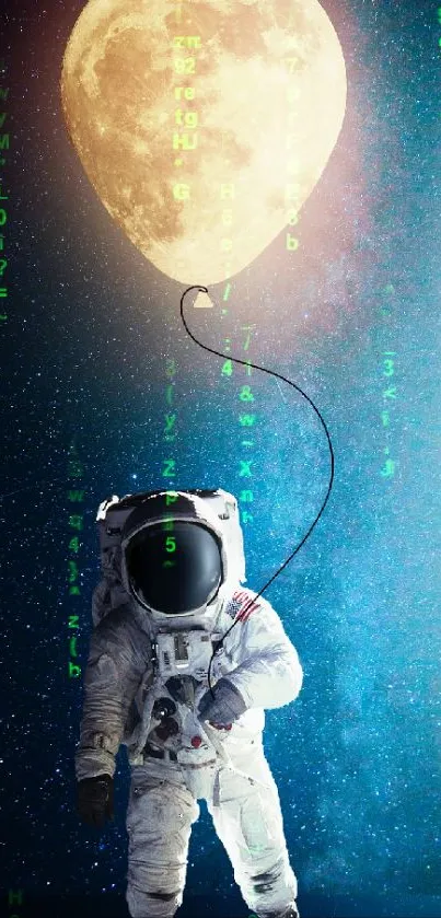 Astronaut holds a moon balloon in a starry night sky.