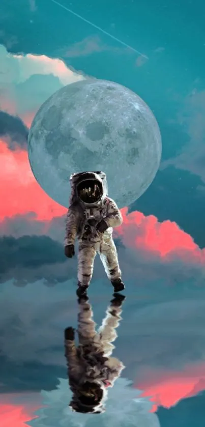 Astronaut standing in a surreal landscape with a vivid moon and reflective water.