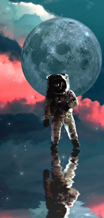 Astronaut walks in cosmic moonlit dreamscape with vibrant clouds.