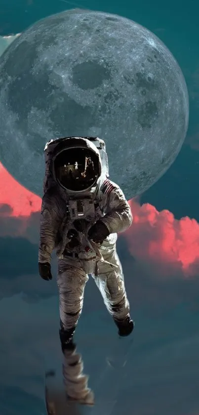 Astronaut in front of a vibrant moon with pink clouds, creating a dreamlike scene.