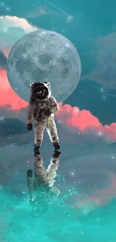 Astronaut on reflective surface with moon and vibrant clouds.