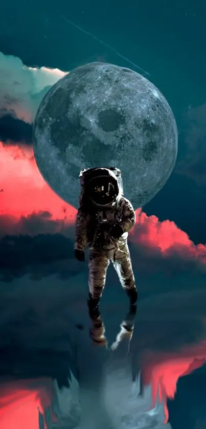 Astronaut on water with moon in a fantasy scene.