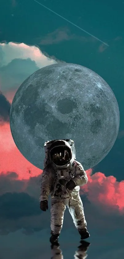 Astronaut stands before the moon with colorful clouds in a fantasy setting.