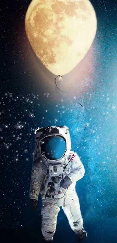 Astronaut floating with a balloon moon in a starry sky.