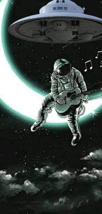 Astronaut playing guitar on a moon with UFO in starry sky.