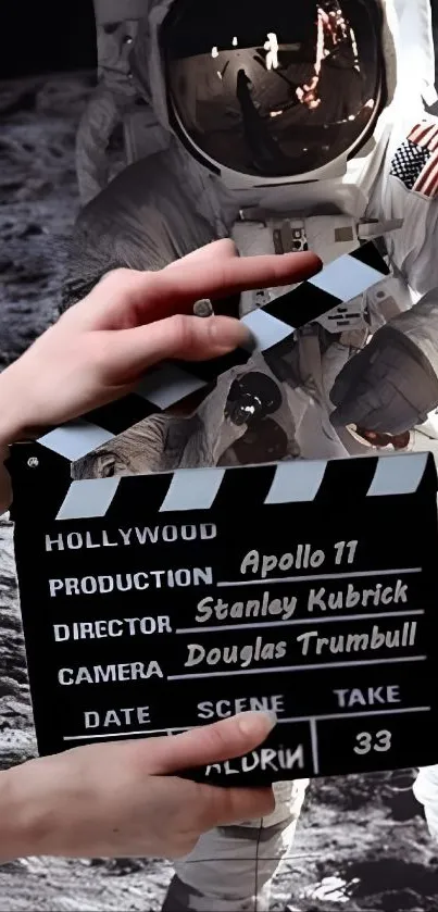 Astronaut on moon with film clapperboard.