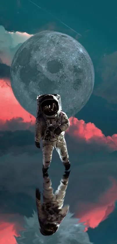 Astronaut reflecting under a full moon in a cosmic, dreamlike landscape.