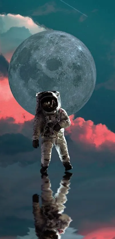 Astronaut stands under moon with pink clouds, reflecting on water.