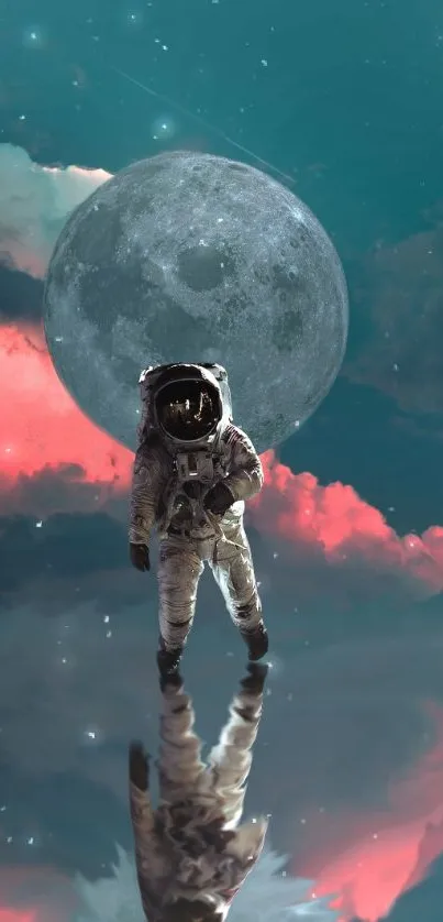 Astronaut reflecting below a full moon with surreal clouds.