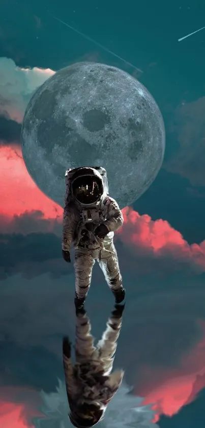 Astronaut reflected on a water surface with a large moon in the backdrop.