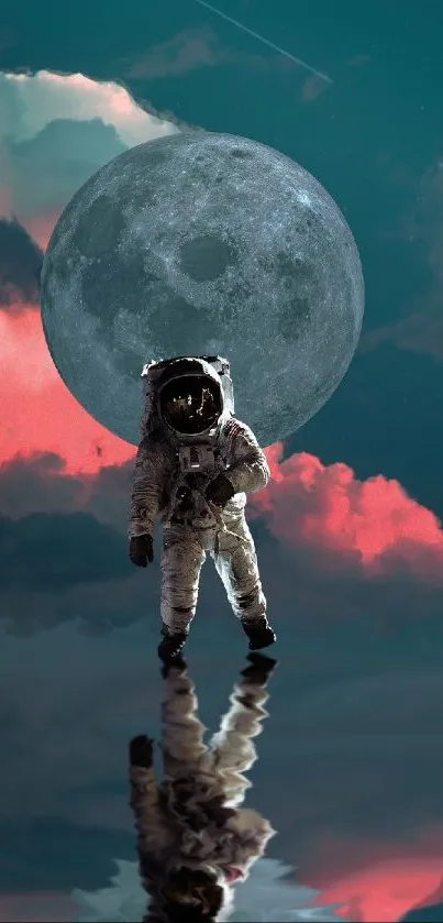 Astronaut with moon and water reflection wallpaper.