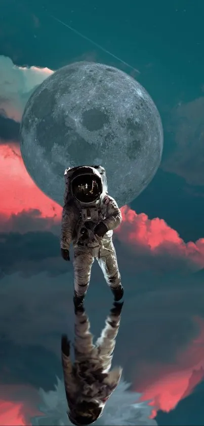 Astronaut with moon reflection and vibrant clouds wallpaper.