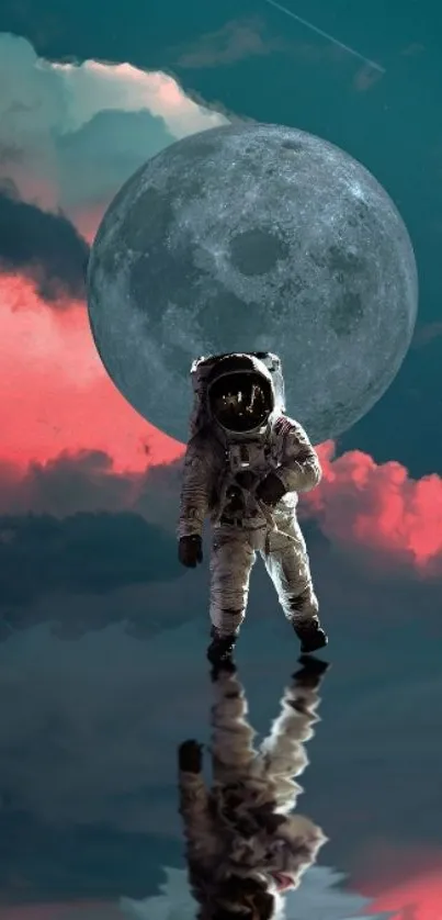 Astronaut standing on water with moon reflection and cloudy sky.