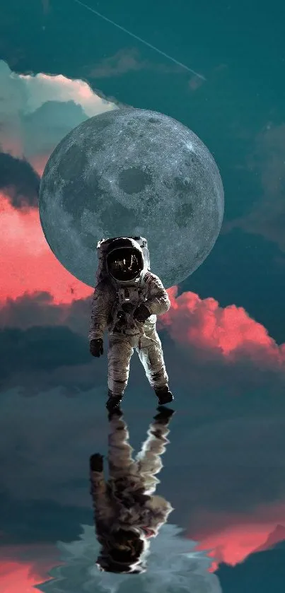 Astronaut reflected in water under moonlit sky with clouds.