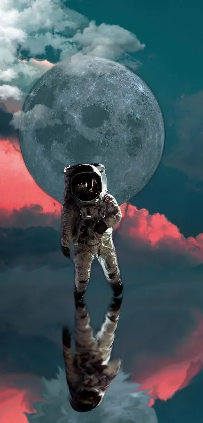Astronaut stands under moon with cosmic reflection.