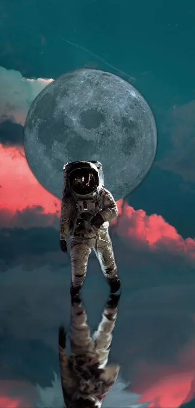 Astronaut standing on reflective surface with moon backdrop and teal sky.