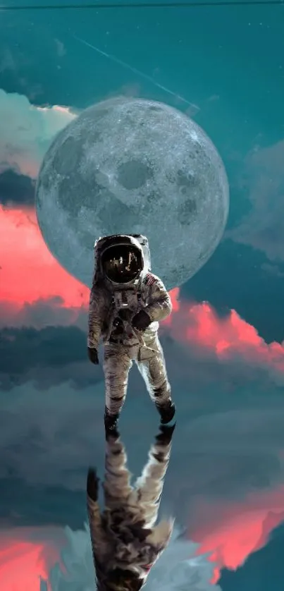 Astronaut walking on reflective surface under a full moon with colorful clouds.