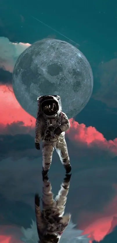 Astronaut reflecting with moon and clouds in surreal space scene.