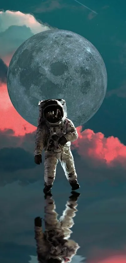 Astronaut walking reflectively under a large moon on a surreal teal background.