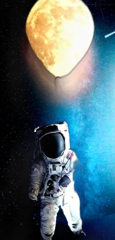 Astronaut floating towards a bright full moon in space, with a starry background.