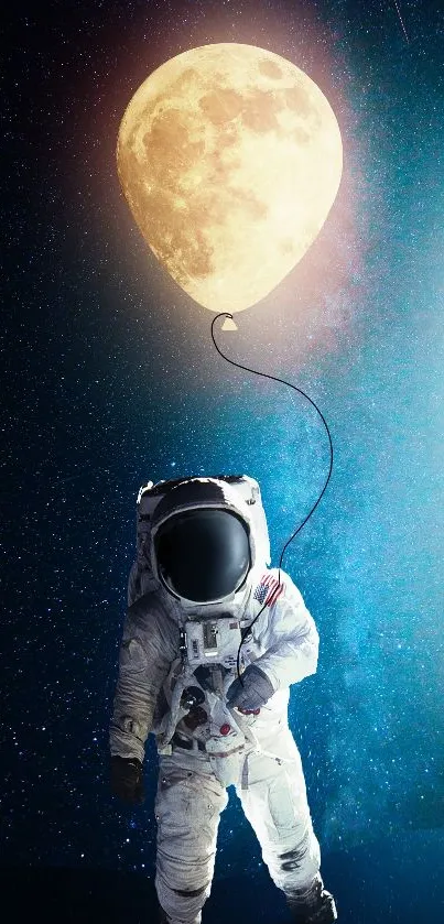 Astronaut with moon balloon in a starry night sky wallpaper.