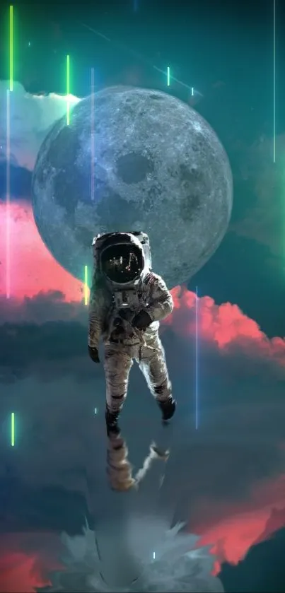 Astronaut with moon and neon lights in space-themed wallpaper.