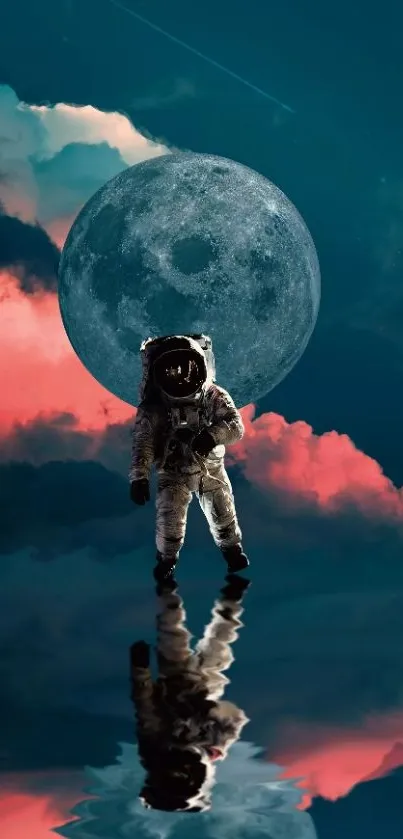 Astronaut with moonlight reflection, teal-blue cosmic scene.