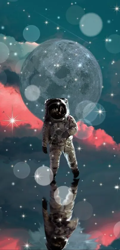 Astronaut reflecting under a shimmering moon in a vibrant cosmic scene.