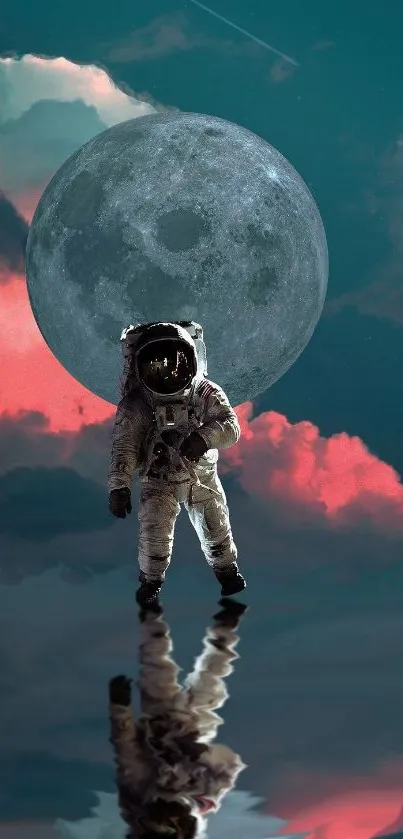 Astronaut stands on water with moon backdrop and colorful sky reflections.