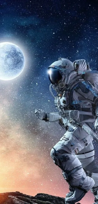 Astronaut walking under a starry sky with a glowing moon.