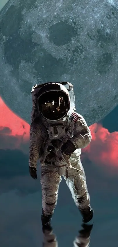 Astronaut walking in front of a full moon with colorful clouds.