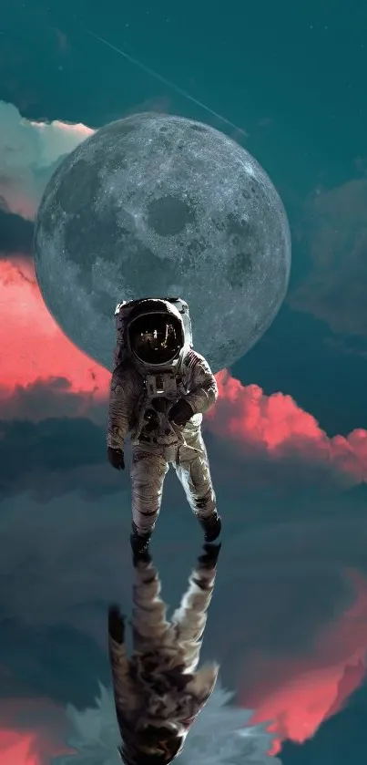 Astronaut walking on reflective surface under a moonlit sky.