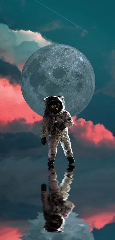 Astronaut reflecting on water under a full moon with vibrant clouds.