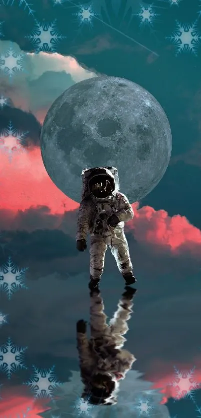 Astronaut with moon reflection on a surreal, artistic background.