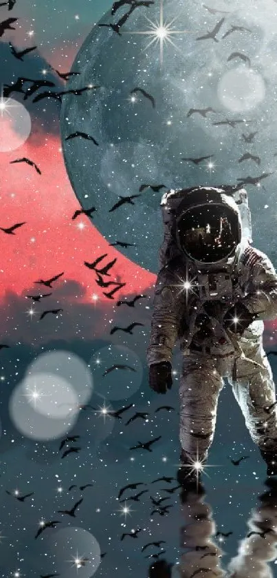 Fantasy art wallpaper with astronaut on the moon surrounded by birds and stars.