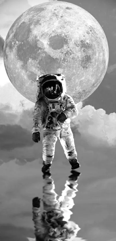 Black and white astronaut moonwalk with reflection on water.