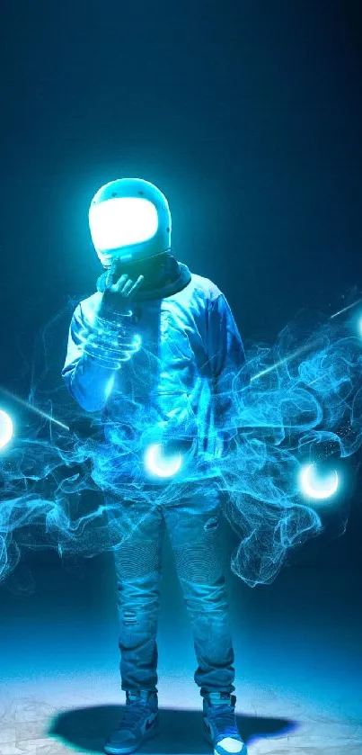 Futuristic astronaut with neon blue aura amidst cosmic lights.