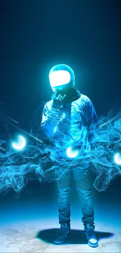 Neon blue astronaut in cosmic light, mobile wallpaper.