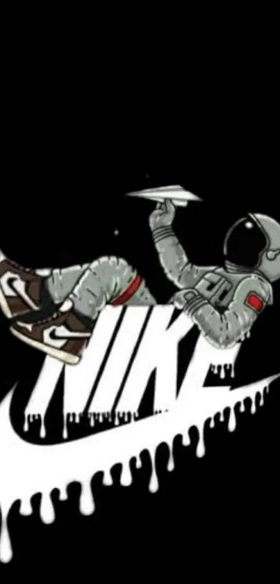 Astronaut with Nike logo in artistic design on black background.