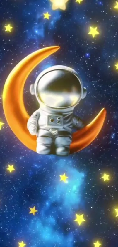 Astronaut sitting on a glowing crescent moon with starry background.