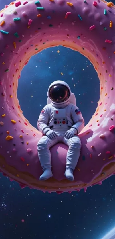 Astronaut sitting on a giant pink donut in space.