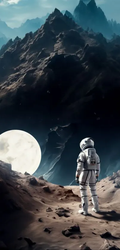 Astronaut explores moonlit terrain with towering alien mountains.