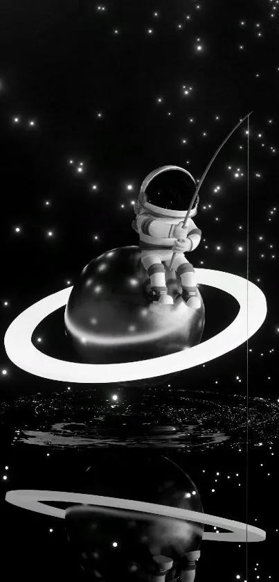 Astronaut sitting on Saturn's rings with starry background.