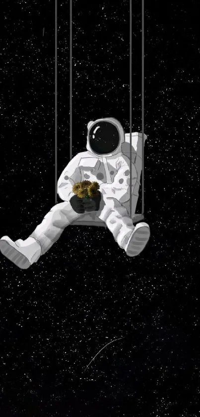 Astronaut sits on a swing with stars in the background.