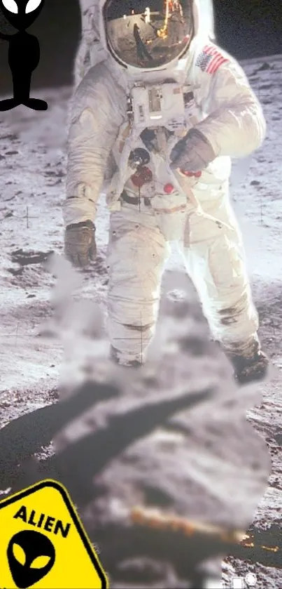 Astronaut on moon with alien sign, mobile wallpaper theme.