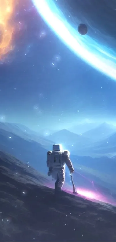 Astronaut exploring an alien planet with a distant galaxy overhead.