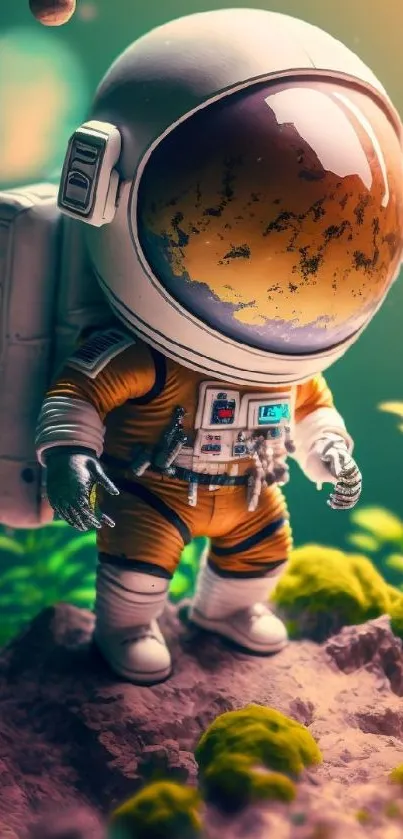 Astronaut standing on an alien planet with vibrant colors.