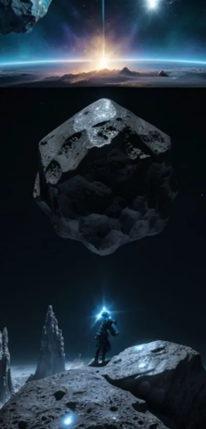 Astronaut standing on alien surface under a glowing space horizon.