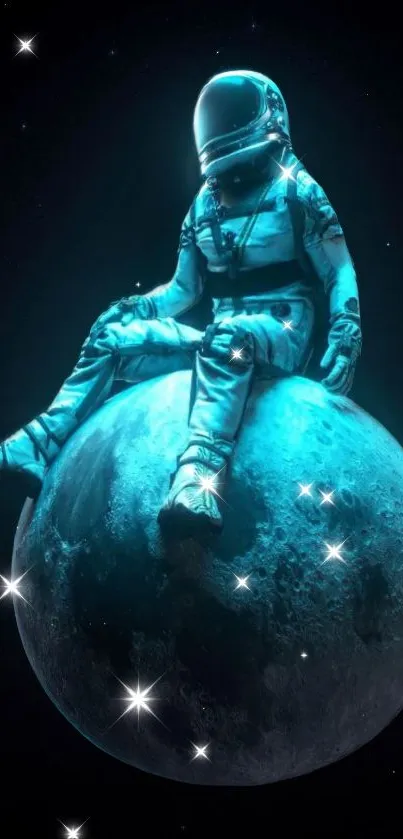 Astronaut sitting on a glowing blue moon amidst stars.